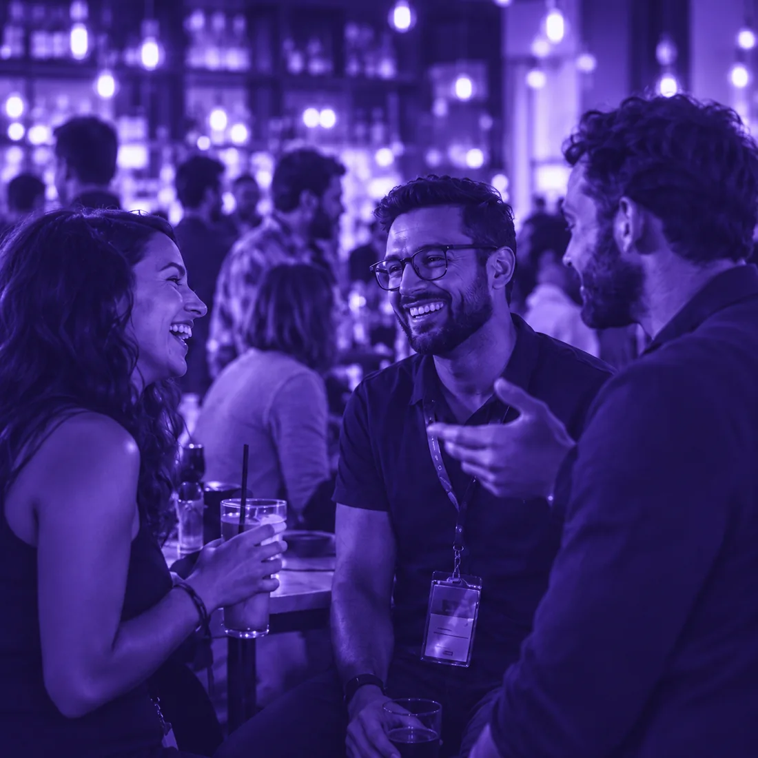 Illustrative scene of people chatting over drinks, not a photograph of a previous GibSearch event.